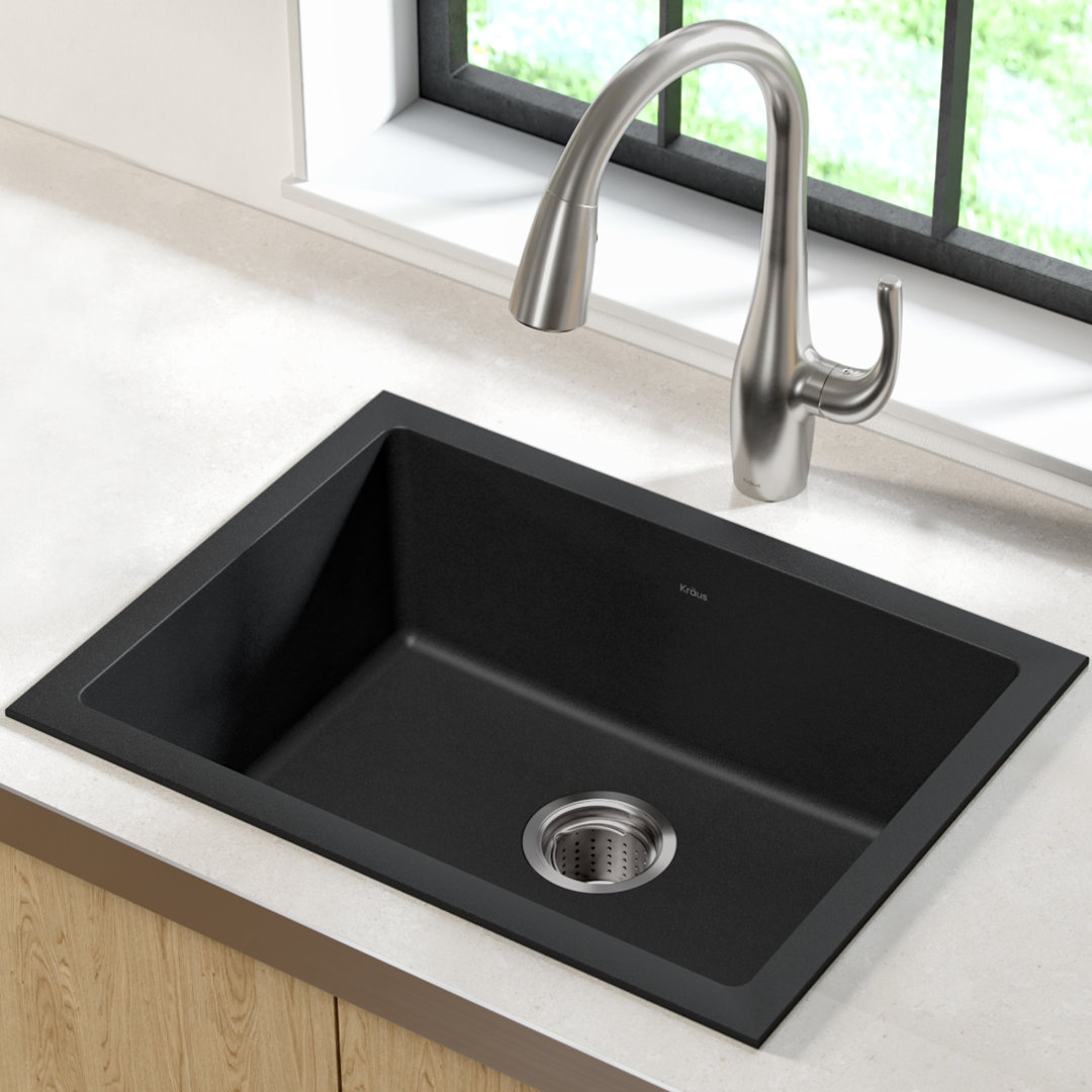 KRAUS 24 inch L Dual Mount Single Bowl Granite Kitchen Sink w/ Topmount and Undermount Installation in Black Onyx
